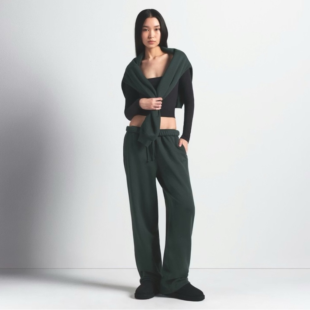 SKIMS Cotton Fleece Classic Straight Leg Lounge Pant Spruce Green Sz Large NWT